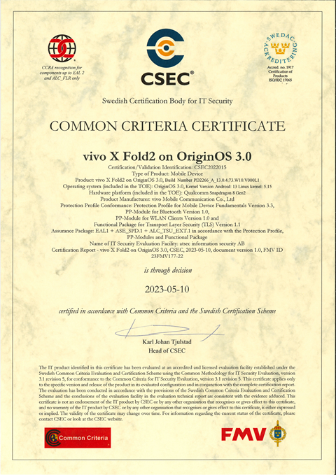 折叠屏全球首个!vivo X Fold2获最新版 CC MDFPP认证